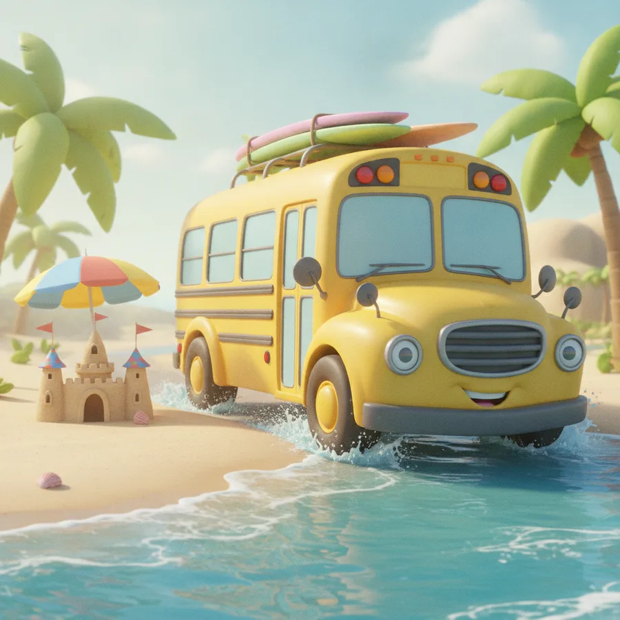 Dieses Ausmalbild zeigt einen fröhlichen Schulbus an einem Sandstrand. Die Wellen und Palmen bieten einfache Bereiche zum Ausmalen, während die Sandburg eine spaßige Herausforderung darstellt.