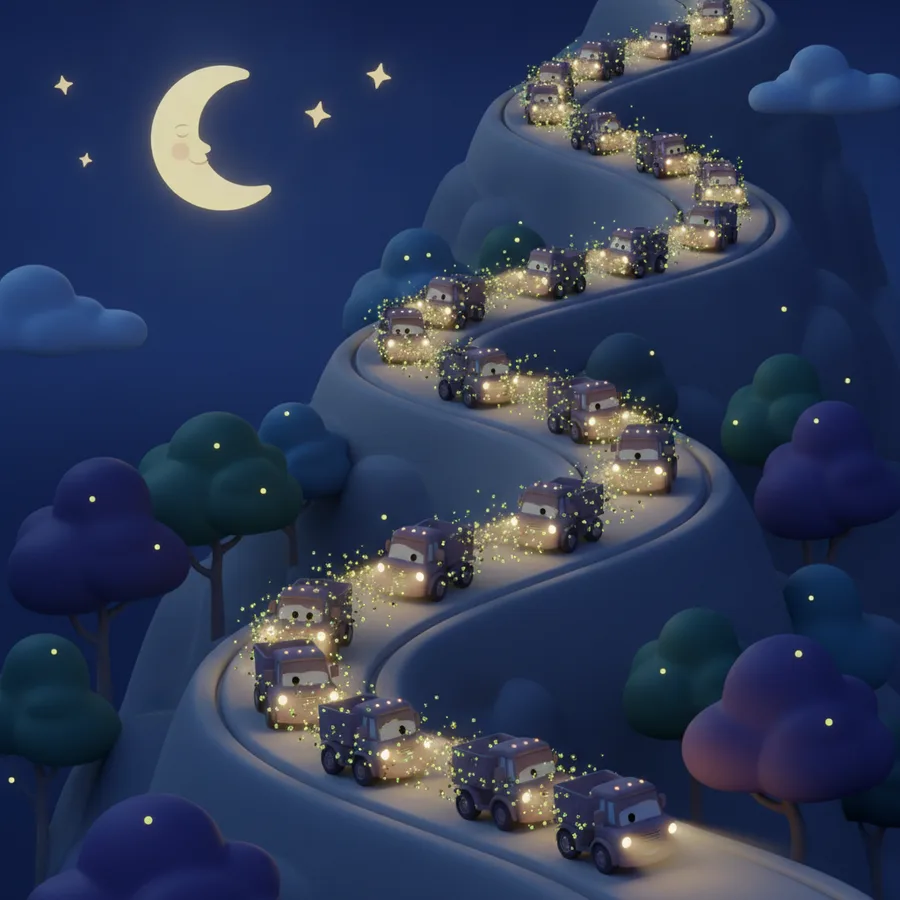 Esta página para colorir apresenta uma cena encantadora com caminhões de desenho animado e estrelas brilhantes. As áreas do caminhão são fáceis de colorir, enquanto as árvores e o céu oferecem um desafio interessante.