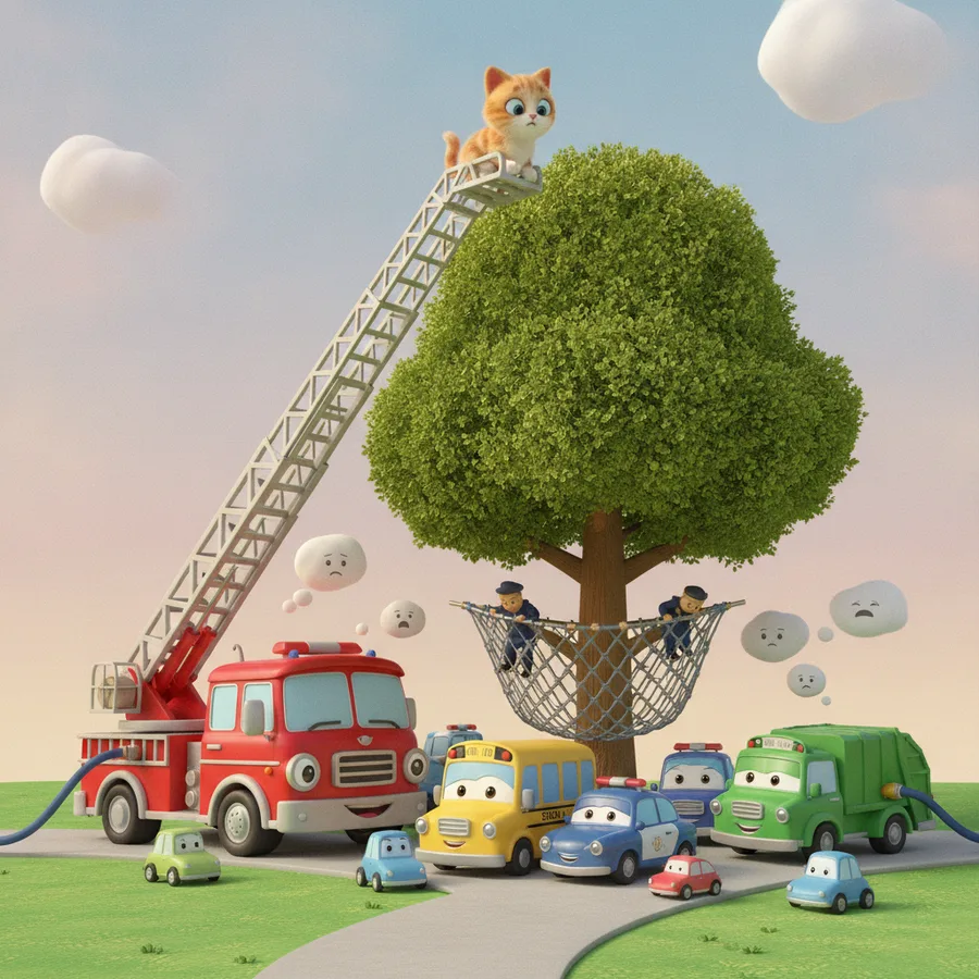 Esta página para colorear presenta una divertida escena con un camión de bomberos y un gato en una escalera. Las áreas fáciles incluyen los vehículos, mientras que los detalles del árbol ofrecen un divertido desafío.