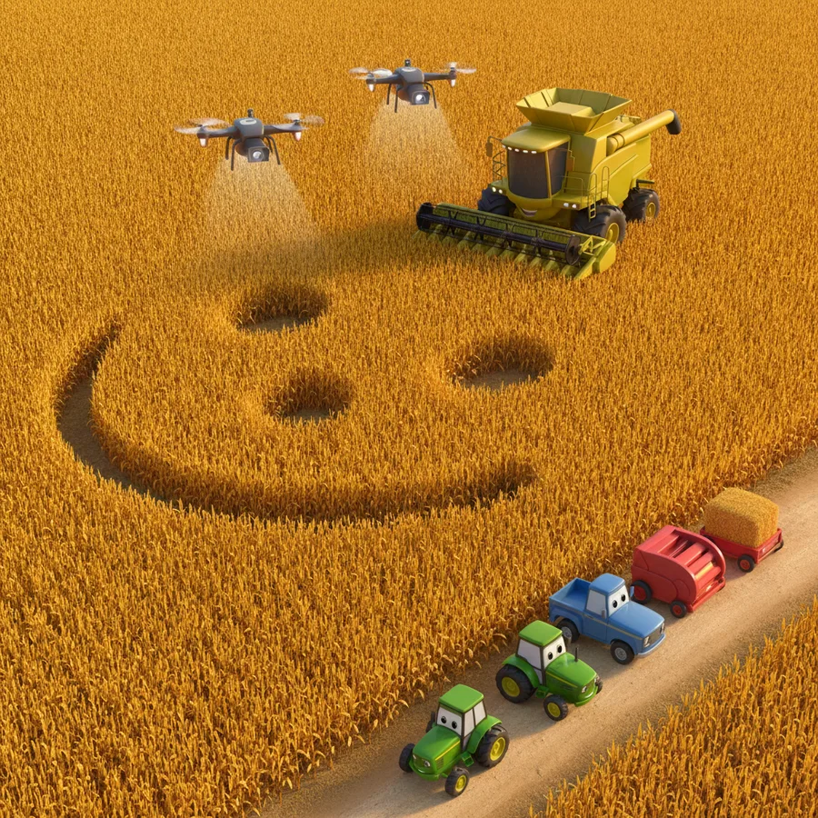 Esta página para colorear presenta una escena alegre con un gran cosechador creando una cara sonriente en el campo. Las áreas fáciles incluyen el cielo y los vehículos, mientras que los detalles intrincados de los cultivos pueden ser un desafío divertido.