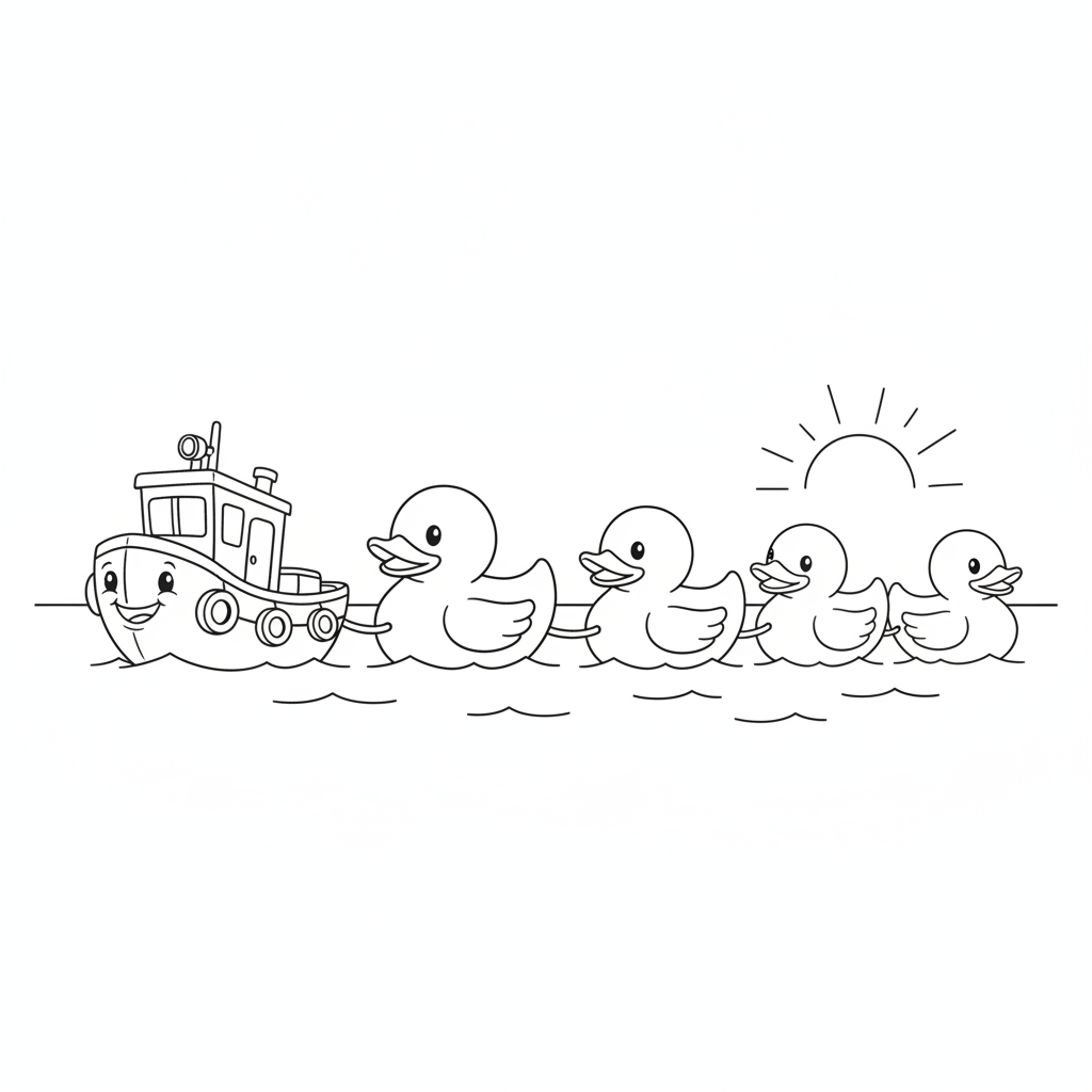 Cheerful Tugboat with Rubber Ducks — Free Coloring Page for Kids