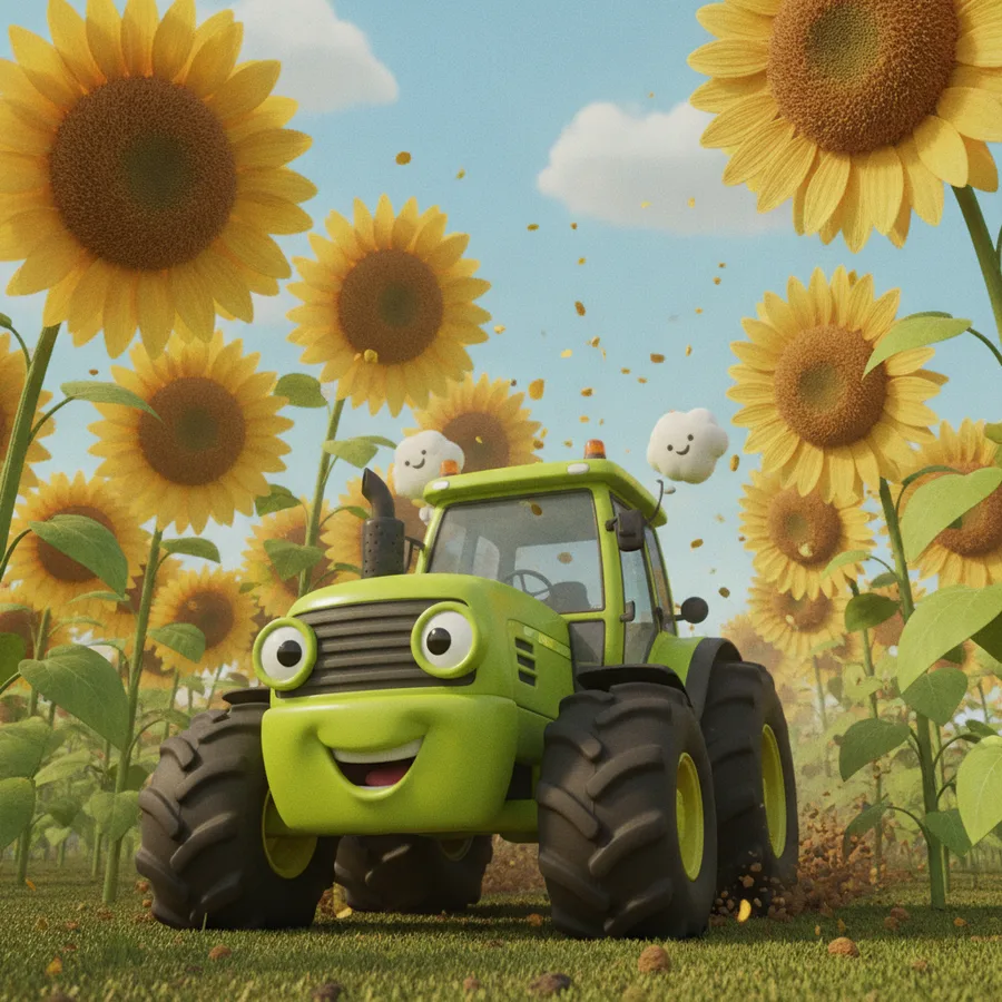 Dieses Ausmalbild zeigt einen fröhlichen grünen Traktor, der durch ein lebhaftes Sonnenblumenfeld fährt. Der Traktor und die Wolken sind einfach zu kolorieren, während die Sonnenblumen eine spaßige Herausforderung bieten.