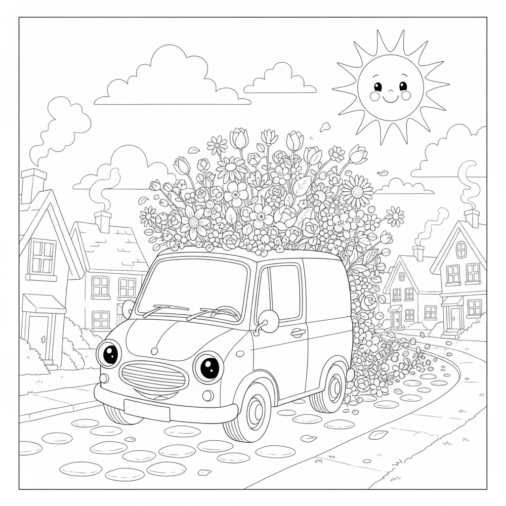 Whimsical Purple Van Overflowing with Flowers — Free Coloring Page for Kids