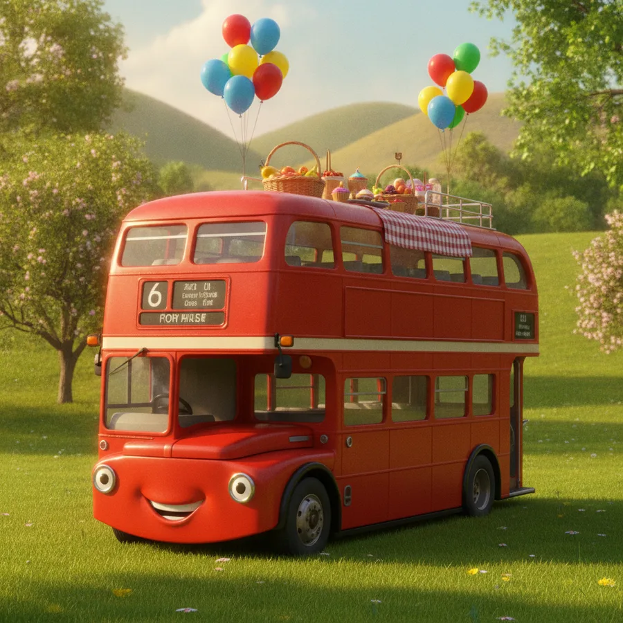 This coloring page features a cheerful double-decker bus with a picnic on its roof. The grassy landscape has easy areas to color, while the details of the bus and balloons provide a fun challenge.