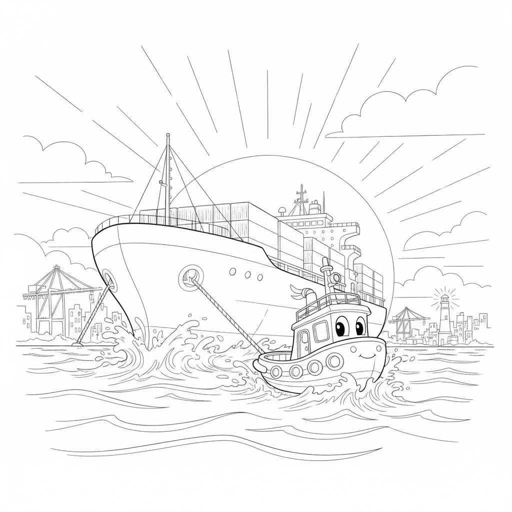 Cheerful Tugboat with Cargo Ship at Sunset — Free Coloring Page for Kids coloring page