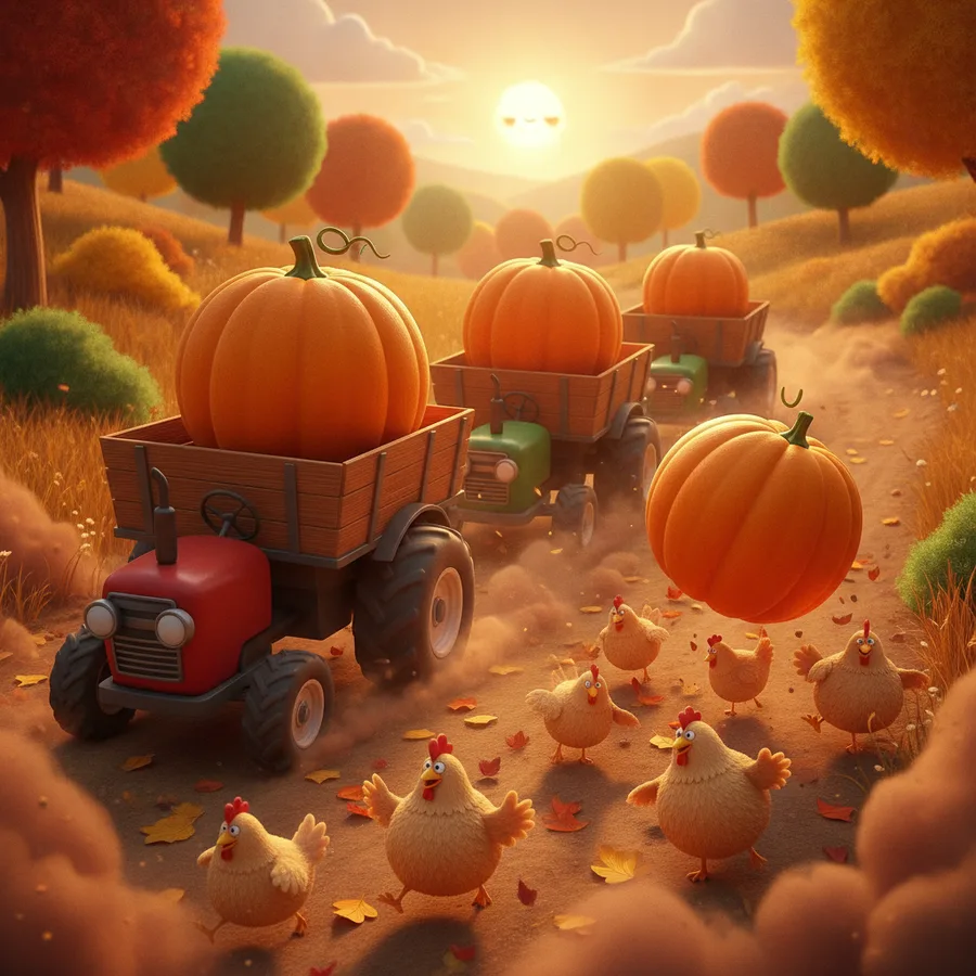 Diese Ausmalseite zeigt eine charmante Herbstlandschaft mit zwei Traktoren. Die großen Flächen der Traktoren und Kürbisse sind leicht auszumalen, während die feinen Details der Bäume und Hühner eine lustige Herausforderung darstellen.