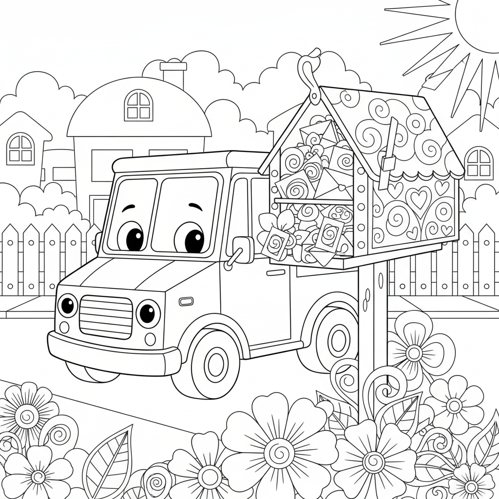 Mail Truck Sunshine Adventure — Free Coloring Page for Kids coloring page