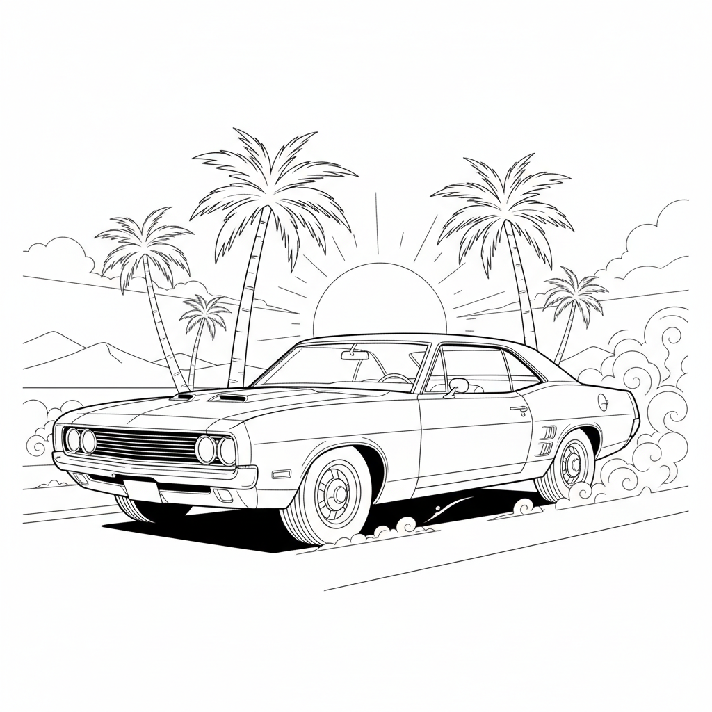 Vintage Muscle Car Adventure — Free Printable Coloring Page for Kids coloring page