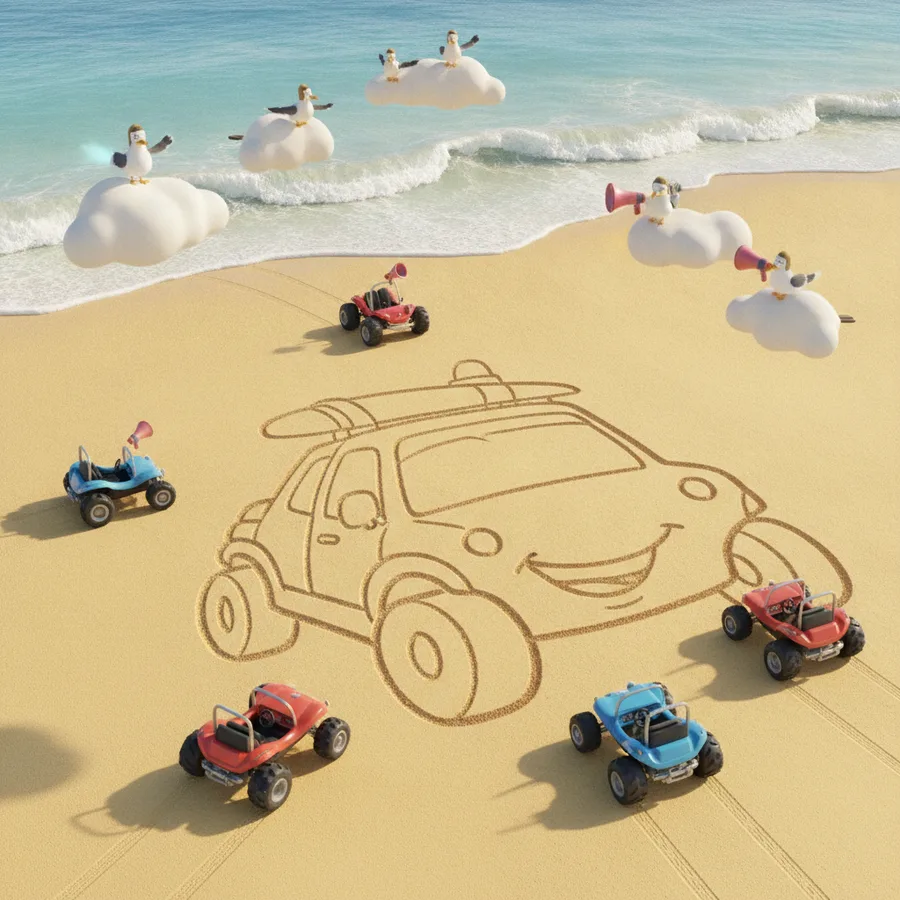 Diese Ausmalseite zeigt eine lebhafte Strand-Szene mit bunten Spielzeugautos und fröhlichen Möwen. Das große Auto im Sand ist einfach zu färben, während die fluffigen Wolken und Möwen eine reizvolle Herausforderung bieten.