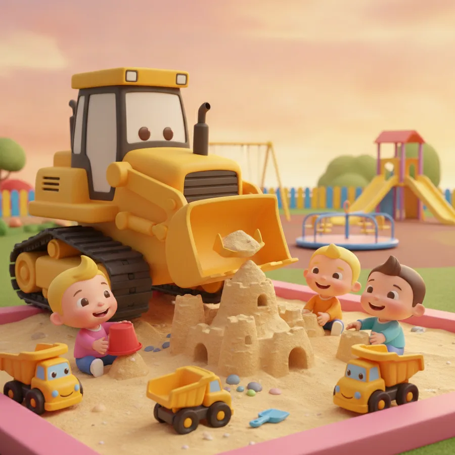 Dieses Ausmalbild zeigt drei fröhliche Kinder, die im Sandkasten spielen, was es für Kinder unterhaltsam und ansprechend macht. Der große Bulldozer und der Spielplatz bieten sowohl einfache als auch herausfordernde Bereiche zum Ausmalen.