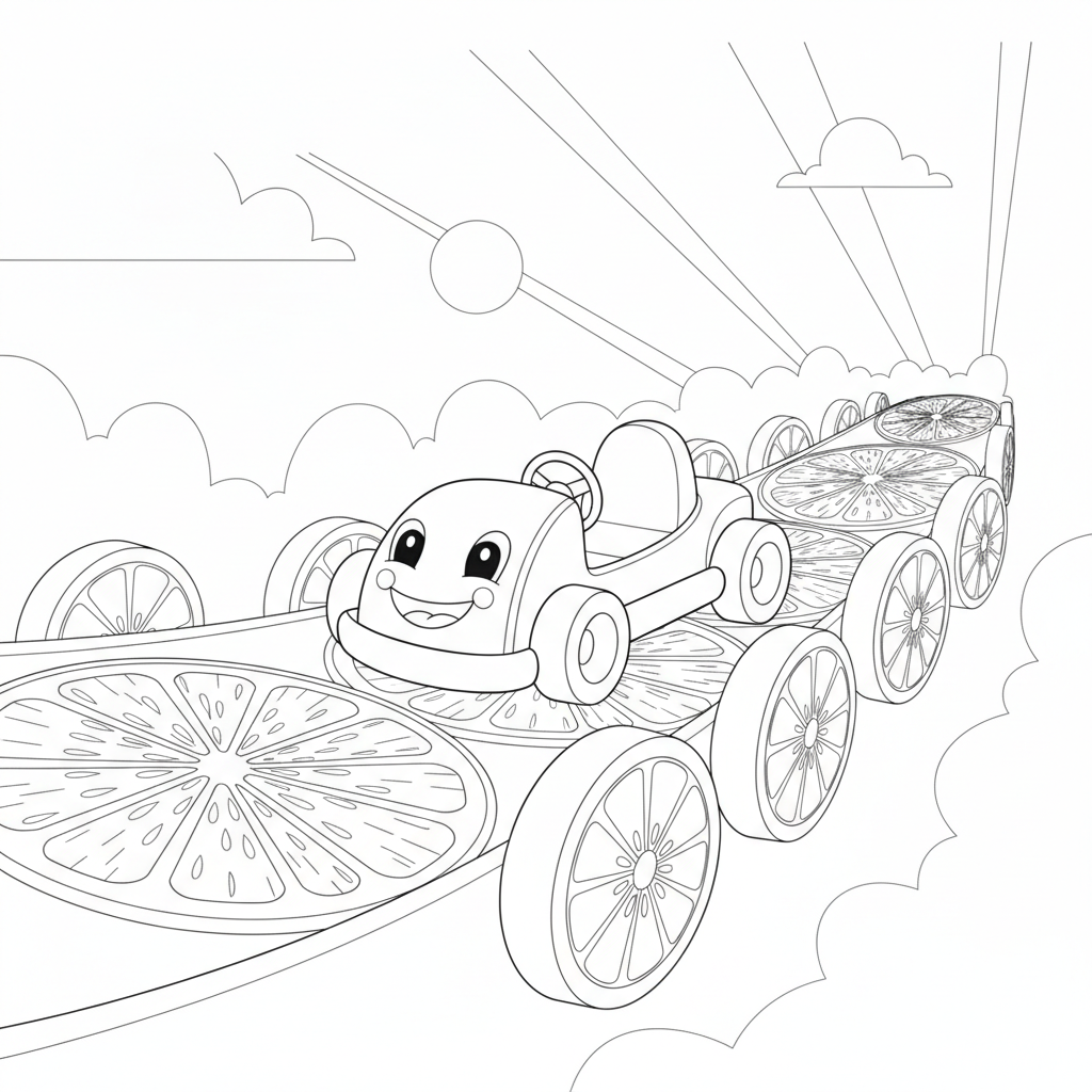 Cheerful Cartoon Car Driving on Fruit Path — Free Coloring Page for Kids