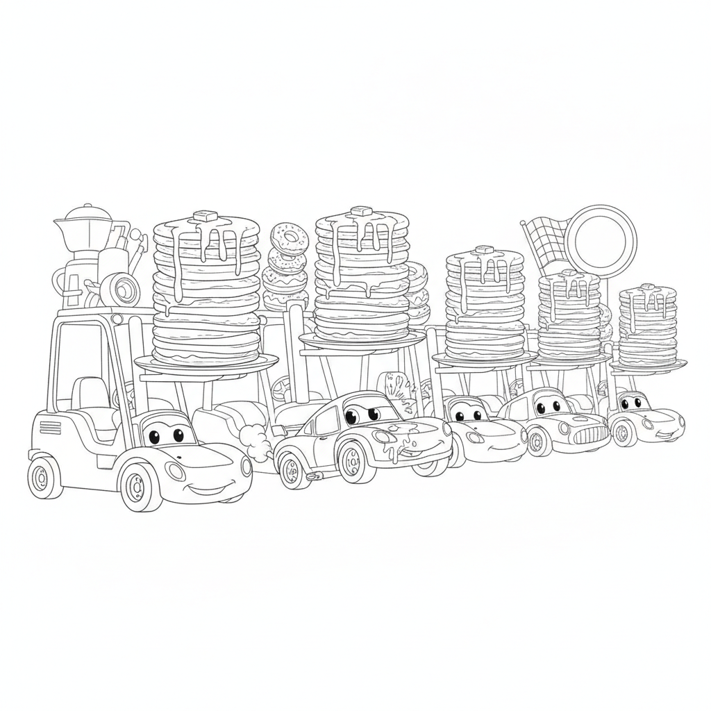 Scène de Voitures Amusantes avec de la Nourriture — Coloriage Voitures — Gratuit à Imprimer