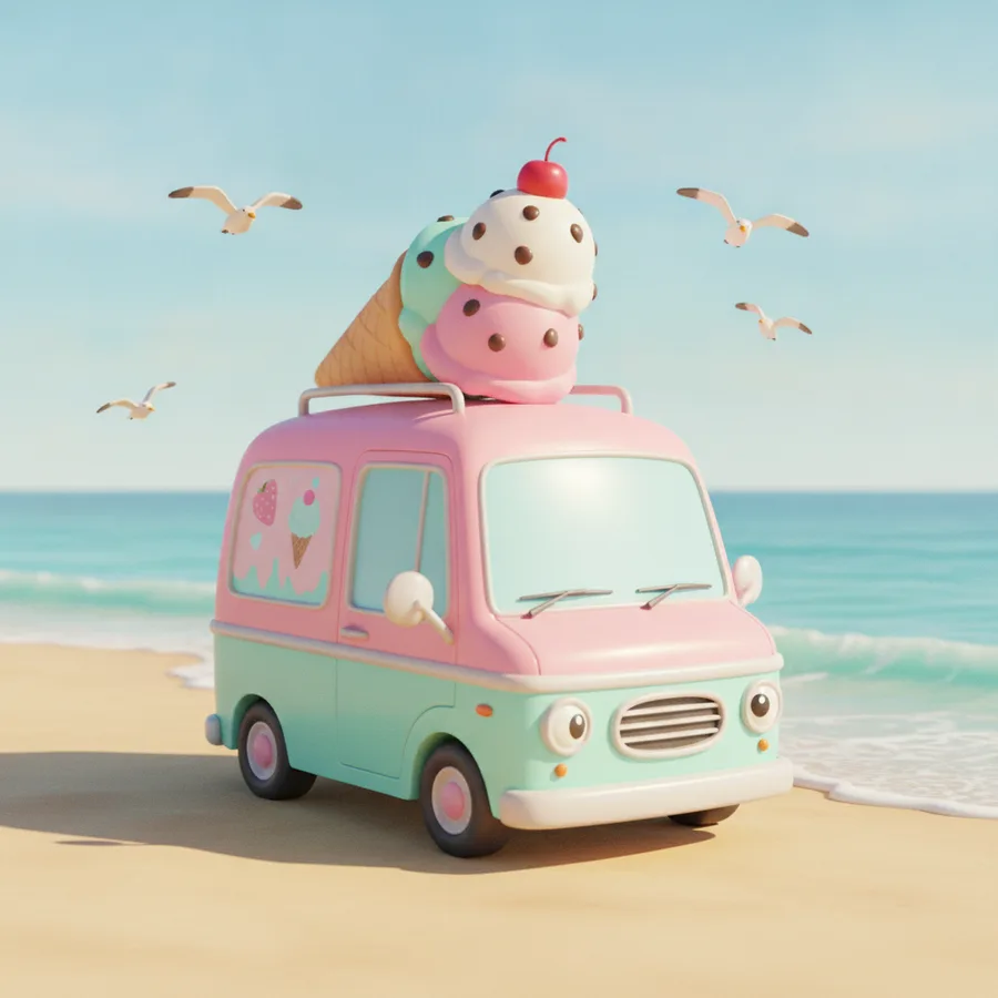 This coloring page features a whimsical ice cream truck with easy areas like the truck and beach sand, while the waves offer a fun challenge.