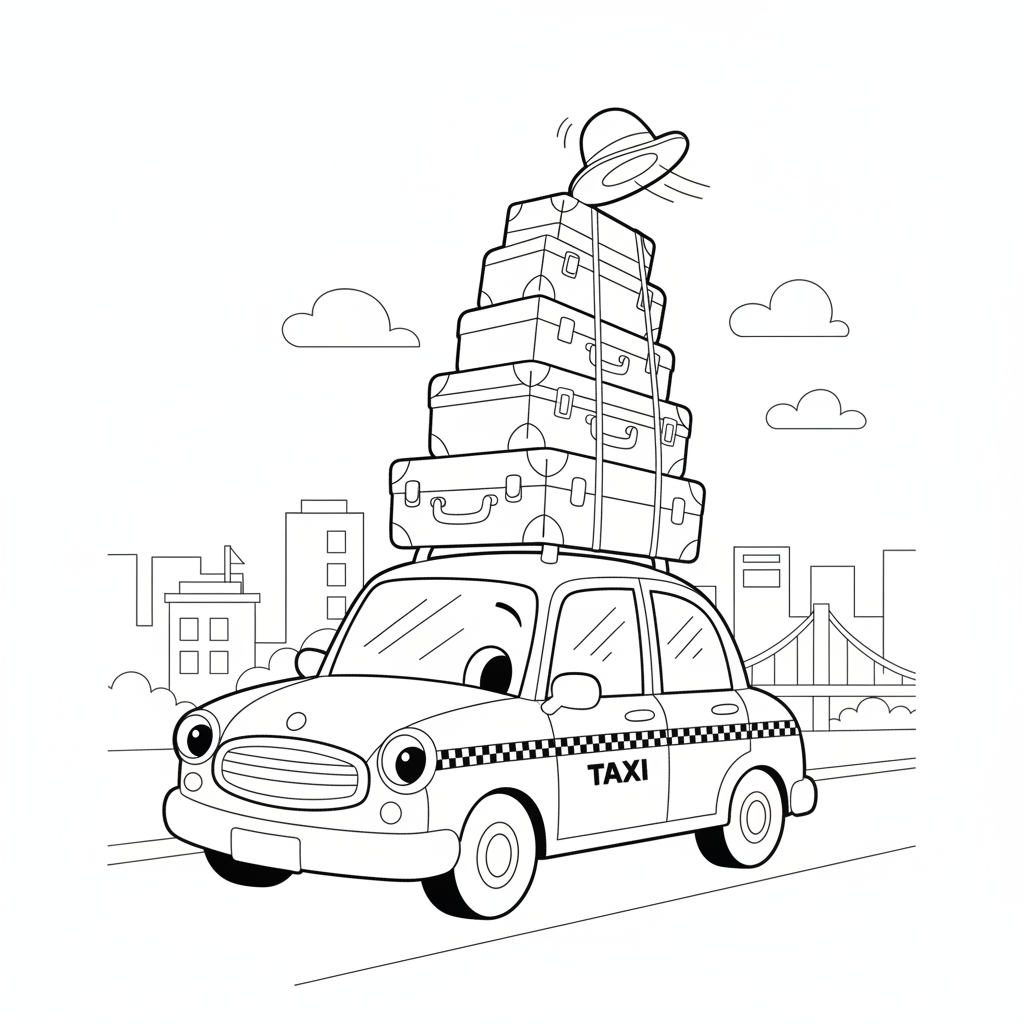 Cheerful Taxi Cab with Suitcase Tower — Free Coloring Page for Kids