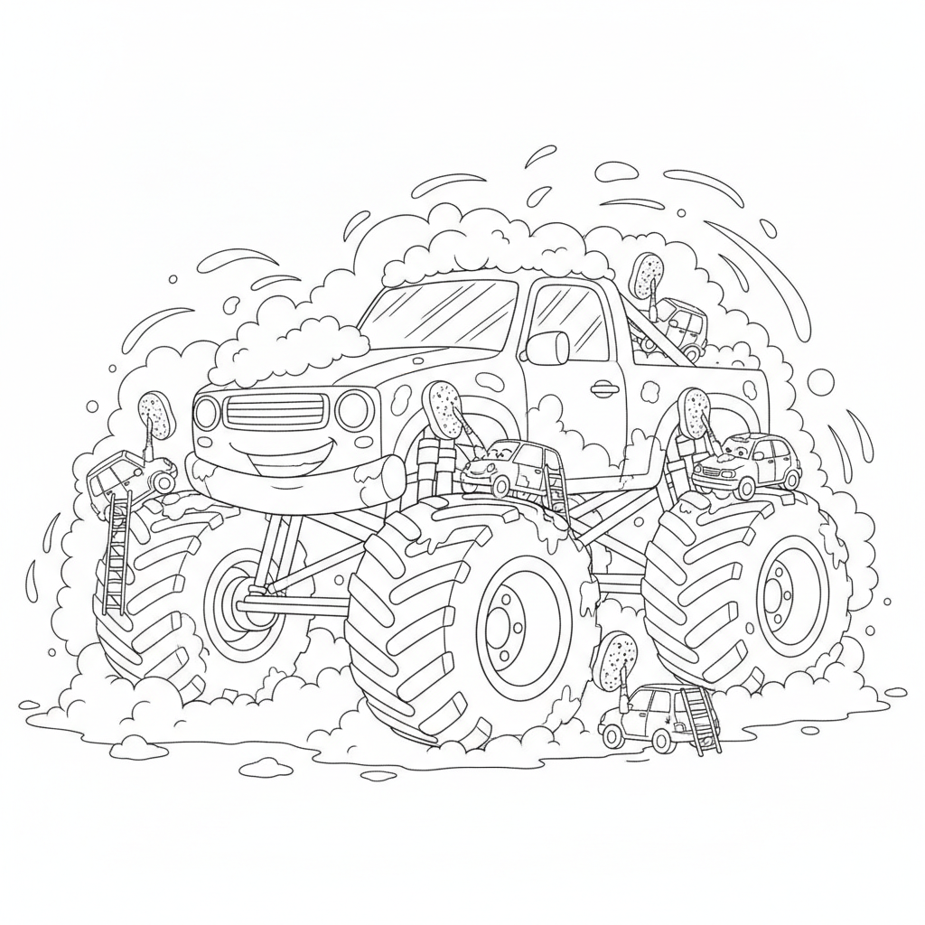Camion Joyeux au Lavage — Coloriage Camion — Gratuit à Imprimer