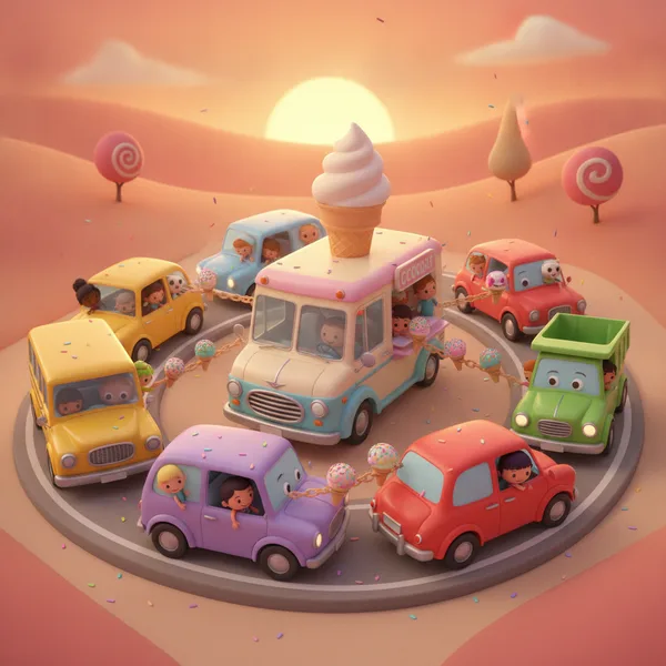 Camión de Helados Alegre rodeado de Coches de Dibujos Animados — Gratis para Imprimir