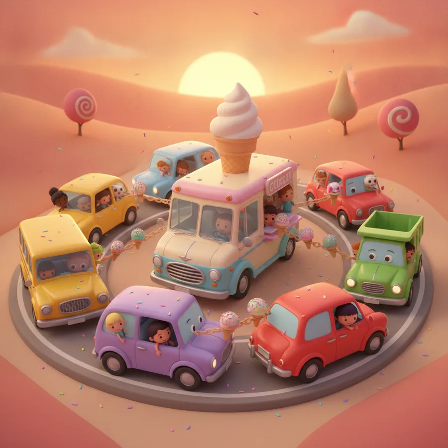 Esta página para colorir apresenta um caminhão de sorvete alegre e carros de desenho animado coloridos cheios de crianças sorridentes. As áreas fáceis como o céu e as árvores são perfeitas para os mais novos, enquanto os detalhes dos caminhões oferecem um desafio divertido.