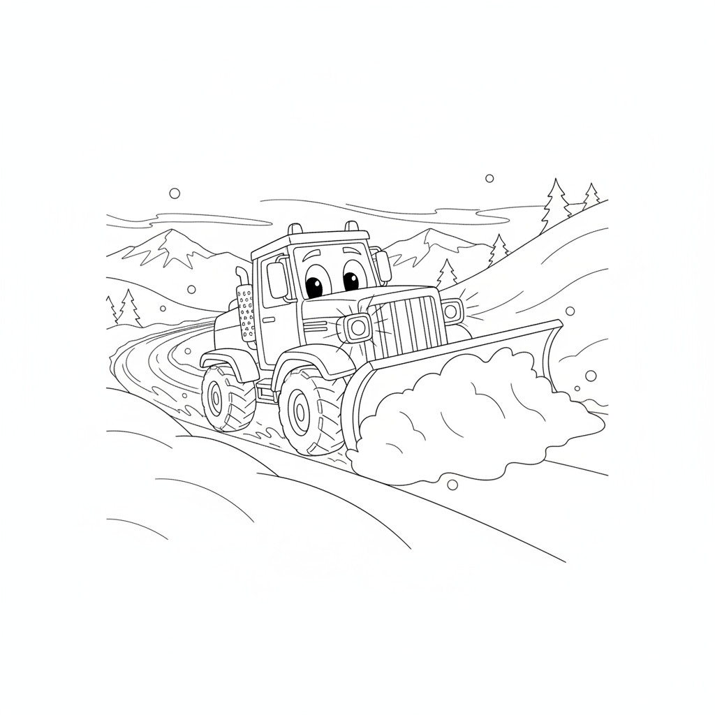 Cheerful Snowplow Truck Cleansing the Road — Free Coloring Page for Kids coloring page