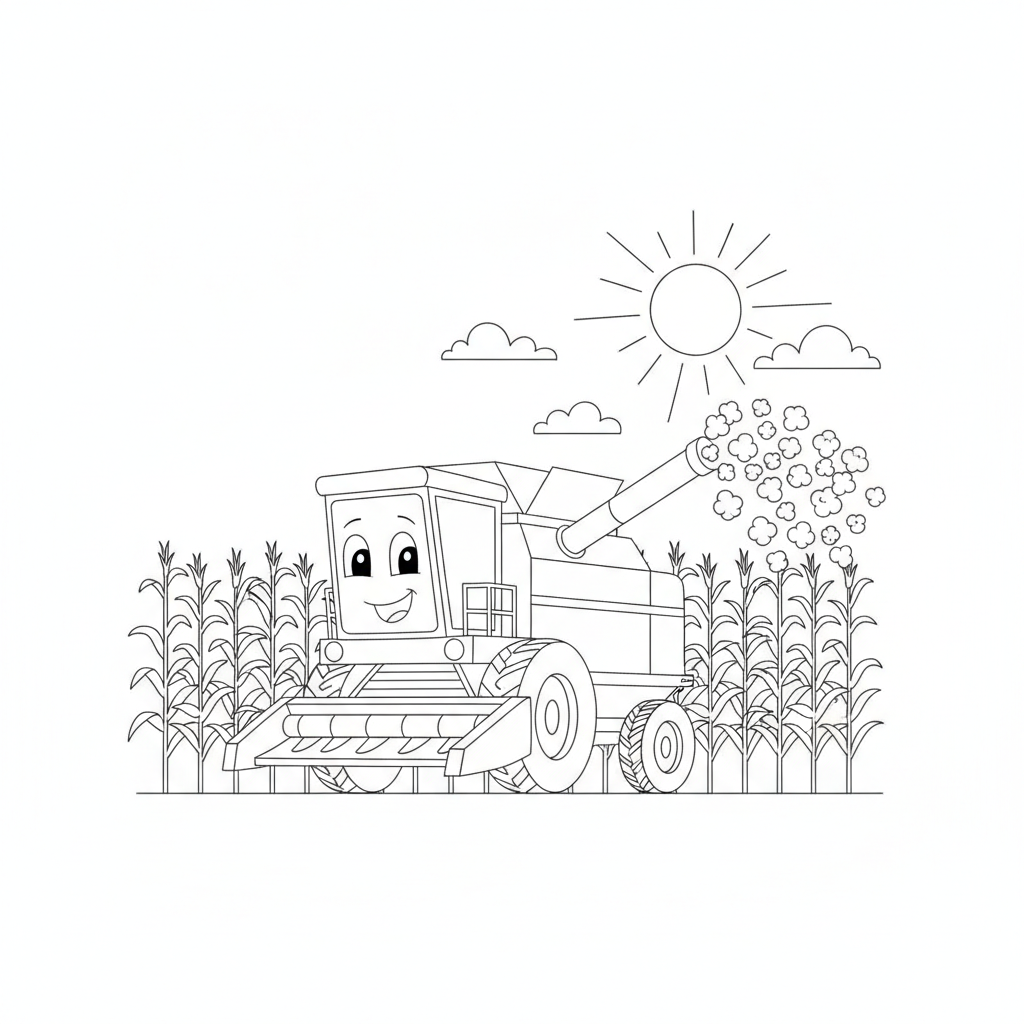 Feliz Camión Cosechador en un Campo de Maíz — Dibujos para Colorear Gratis para Imprimir