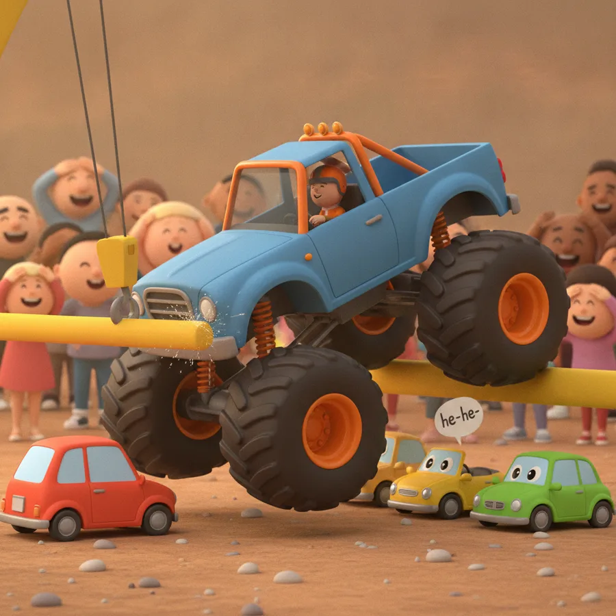 Esta escena animada presenta un camión monstruo azul sobre niños emocionados y autos. Las grandes áreas del camión son fáciles de colorear, mientras que los detalles de los niños añaden un divertido desafío.