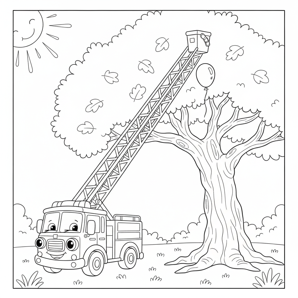 Cheerful Fire Truck Under a Tree — Free Coloring Page for Kids