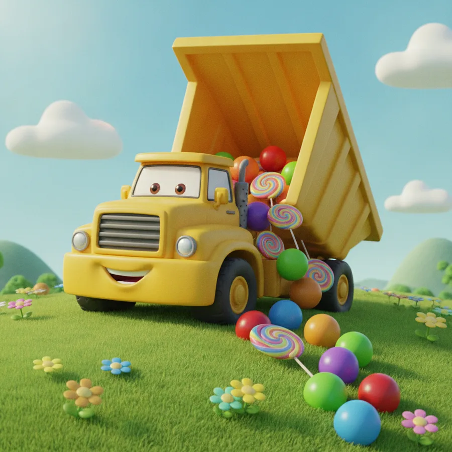 Esta página para colorear presenta un camión de carga alegre con una cara sonriente y una caja llena de dulces. Las áreas fáciles incluyen el cuerpo del camión y las flores, mientras que los dulces ofrecen un divertido desafío.