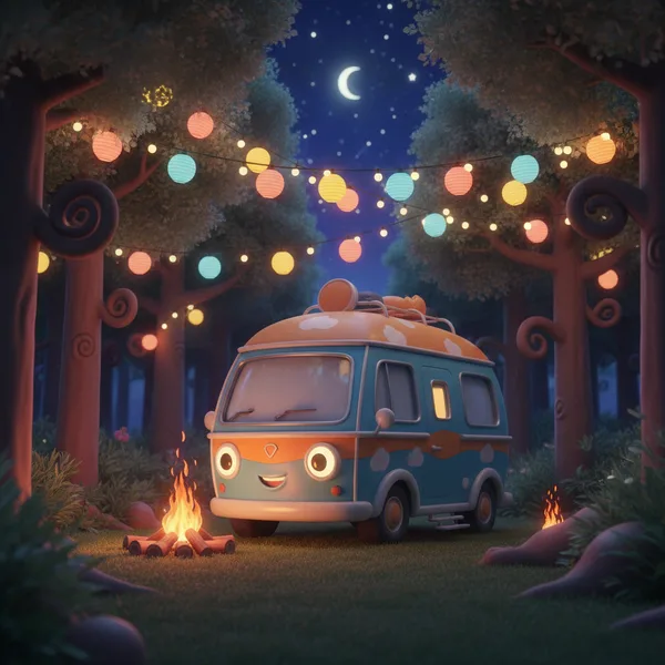 Cheerful Camper Van with Lanterns — Free Coloring Page for Kids