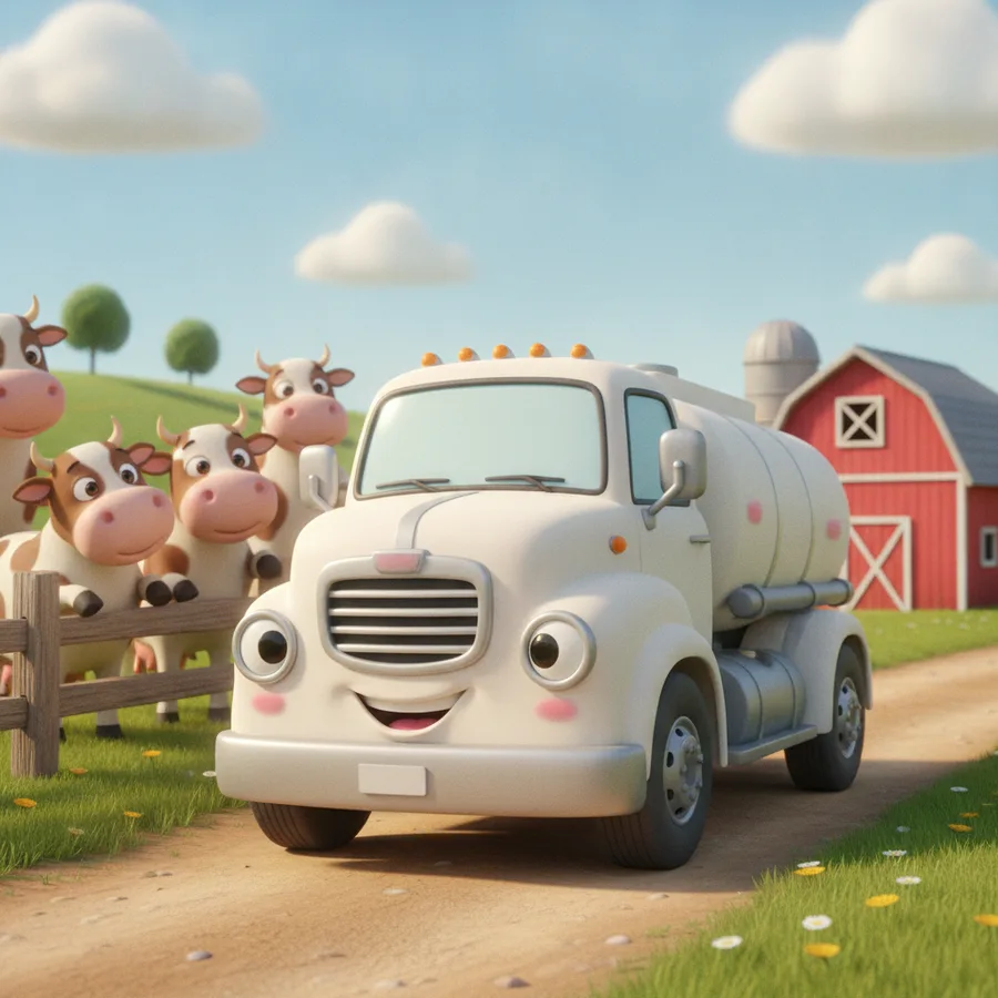 Dieses Ausmalbild zeigt einen fröhlichen Milch-Lkw und verspielte Kühe, was es für Kinder unterhaltsam macht. Der Lkw und die Scheune bieten einfache Bereiche, während die Kühe und der Zaun eine kleine Herausforderung darstellen.