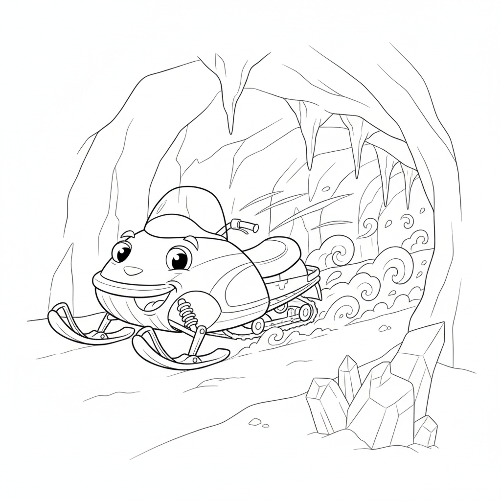 Cheerful Snowmobile Gliding Through an Icy Cave — Free Coloring Page for Kids