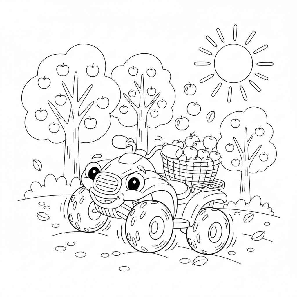 Cheerful Green Tractor in Apple Orchard — Free Coloring Page for Kids