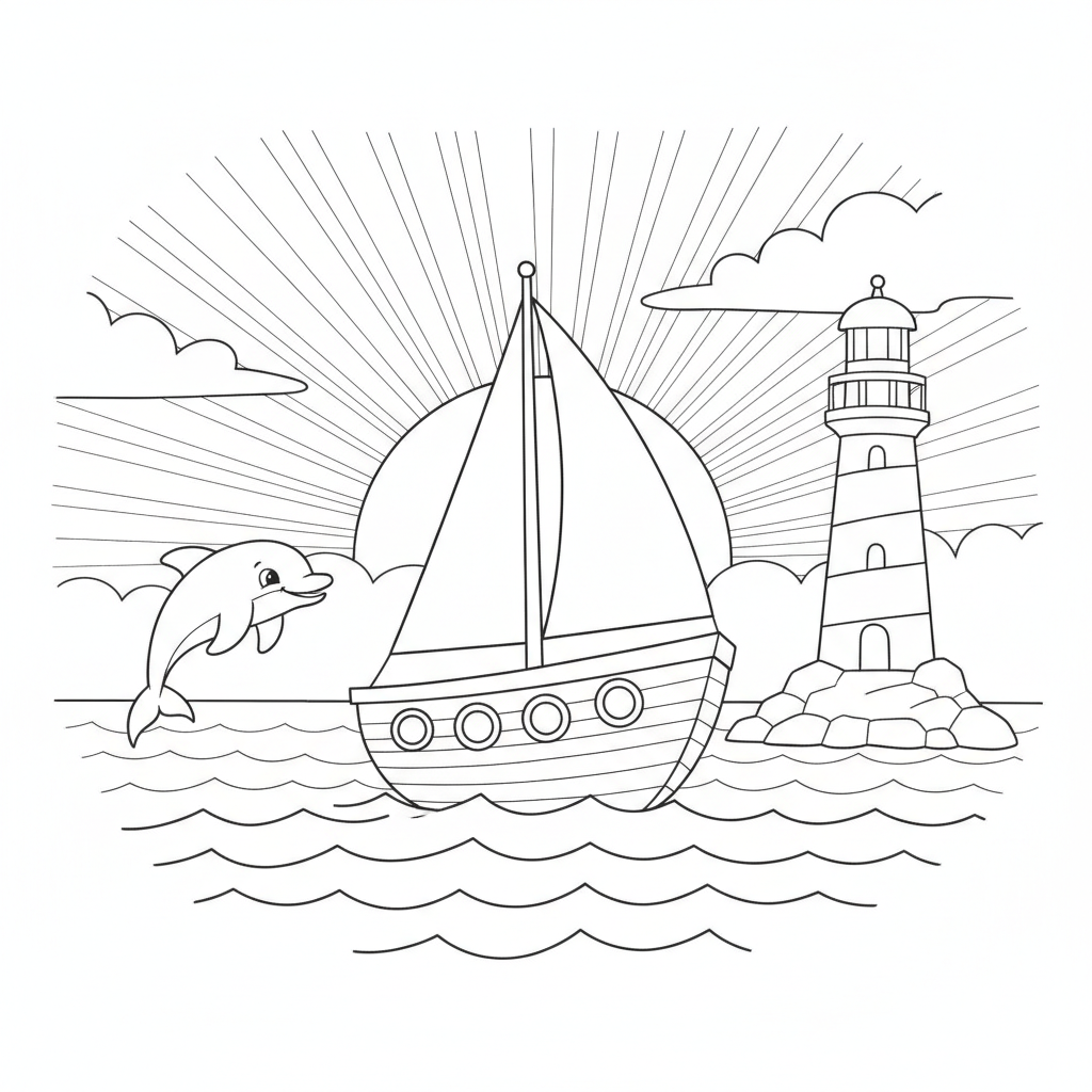 Barco de Vela y Delfín Divertido — Dibujos para Colorear Gratis para Imprimir