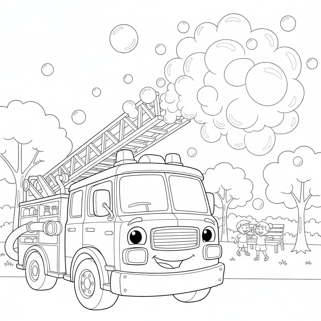 Cheerful Fire Truck in a Park — Free Coloring Page for Kids