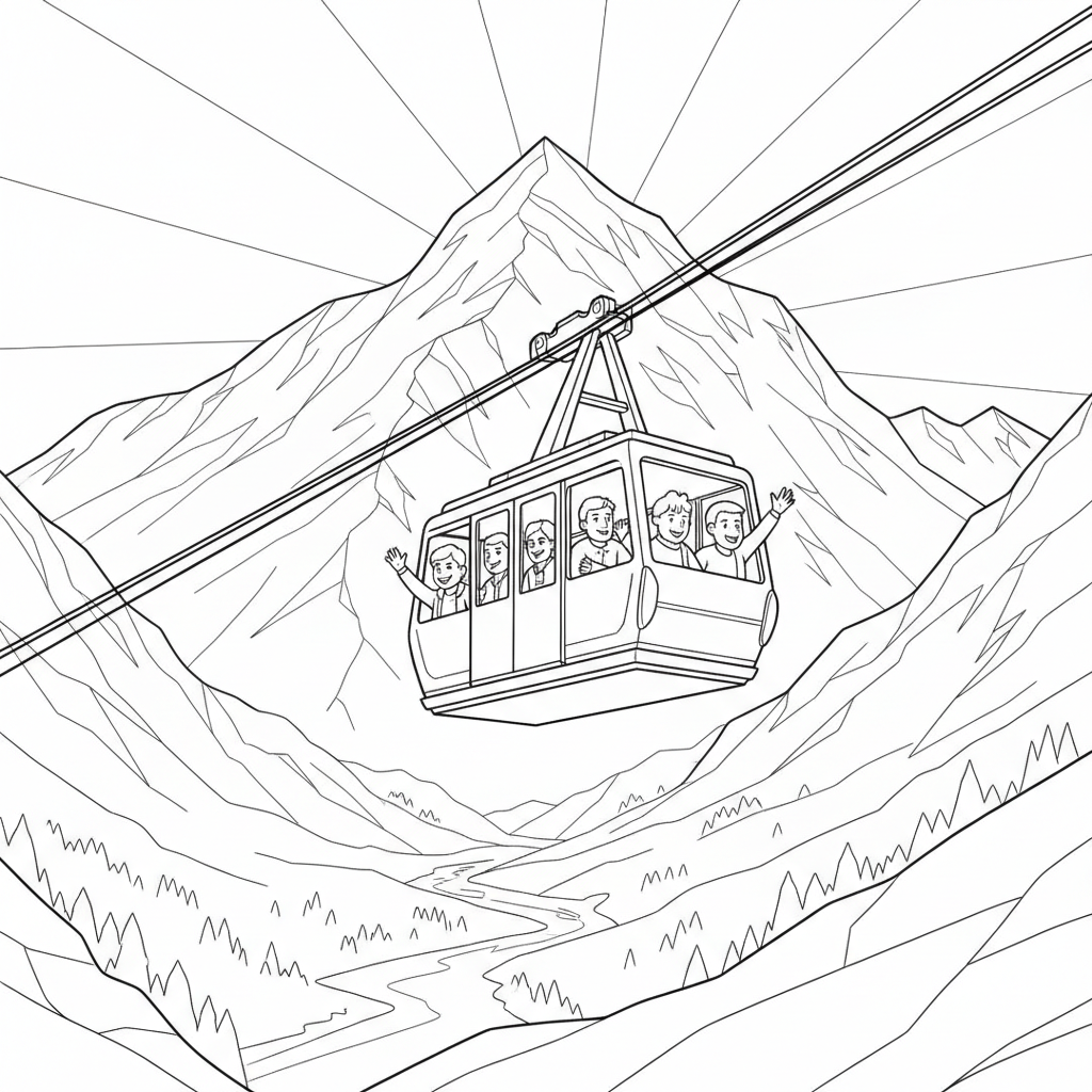 Cable Car Mountain Adventure — Free Coloring Page for Kids coloring page