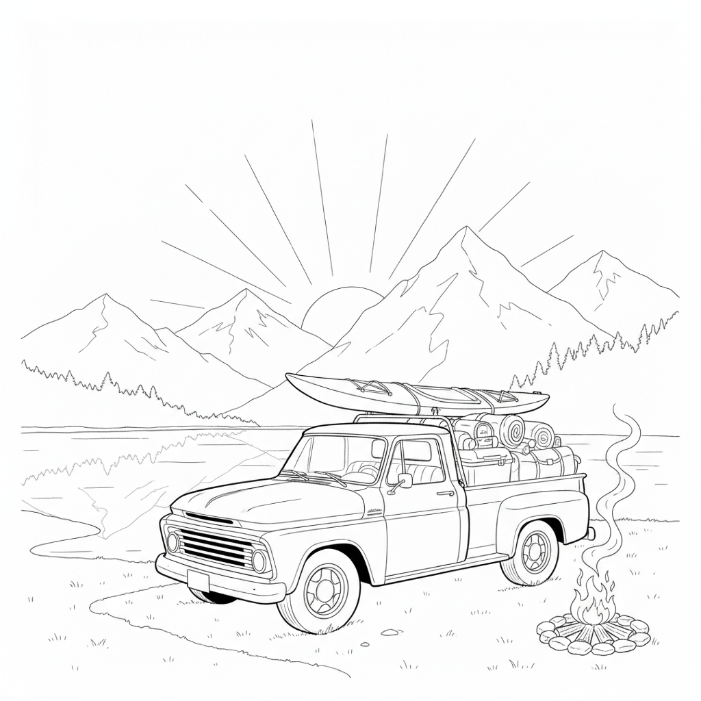Vintage Blue Pickup Truck by a Lake — Free Coloring Page for Kids coloring page
