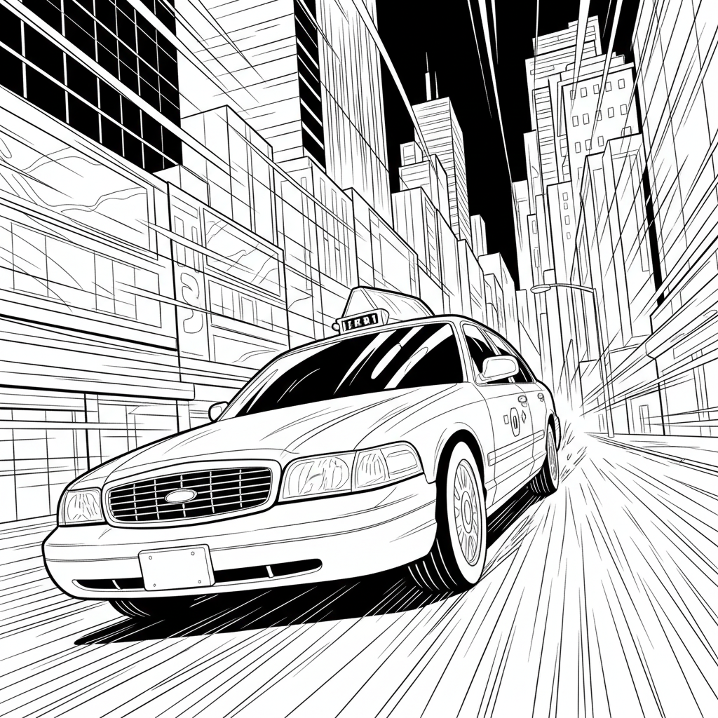Cheerful Yellow Taxi Adventure — Free Coloring Page for Kids coloring page