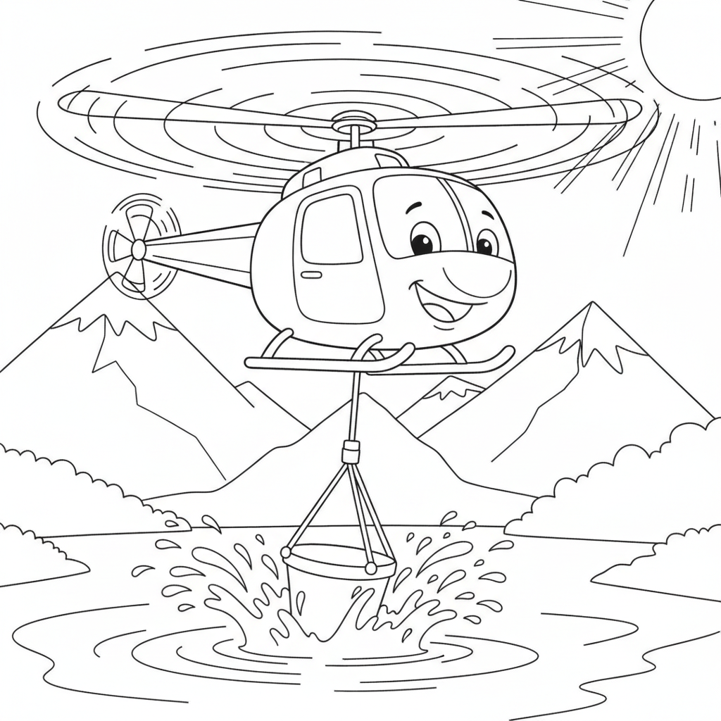 Helicóptero Alegre Sacando Agua — Dibujos de Camiones para Colorear — Gratis para Imprimir