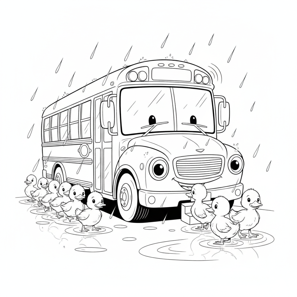 Cheerful Ducklings by a School Bus in Rain — Free Coloring Page for Kids