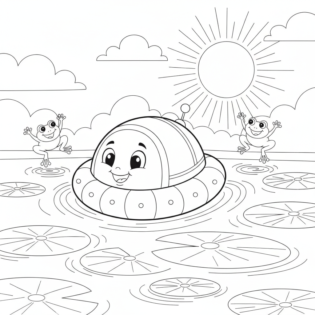 Cheerful Blue Hovercraft on a Lily Pond — Free Coloring Page for Kids