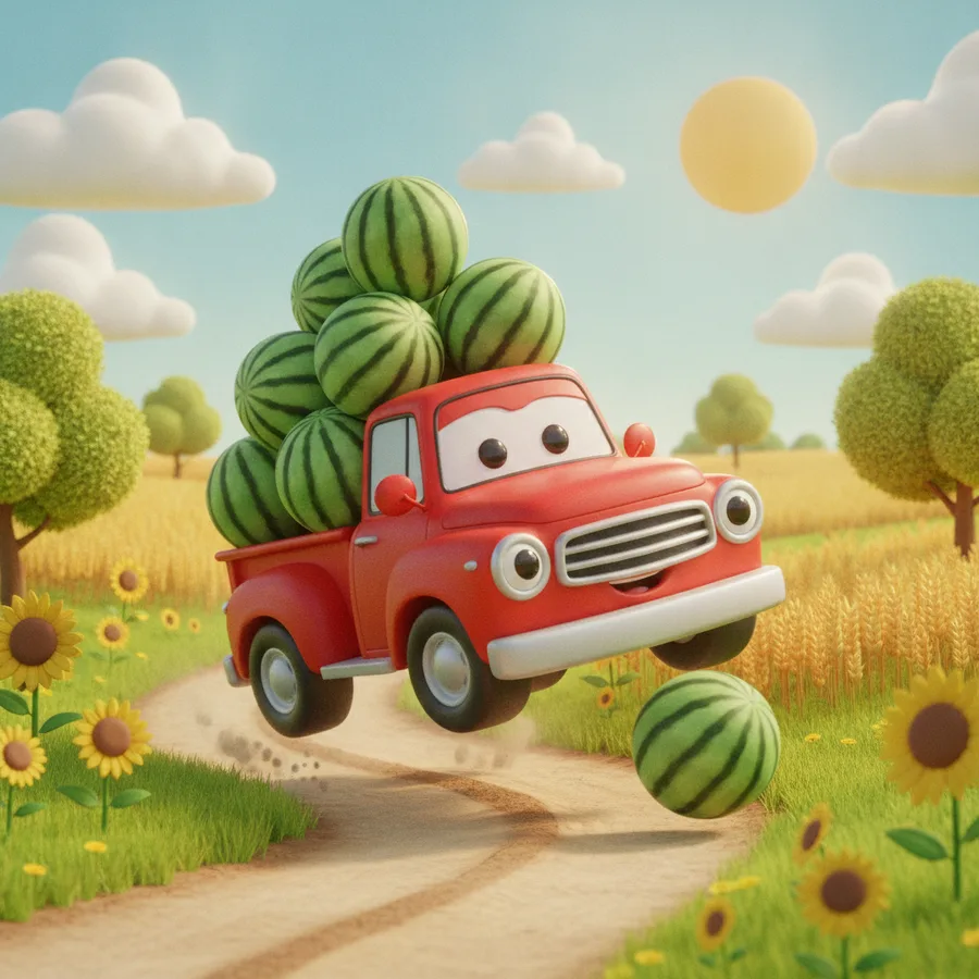 This coloring page features a cheerful red pickup truck joyfully bouncing along a dirt path. Easy areas include the sky and sun, while the truck details offer a fun challenge.