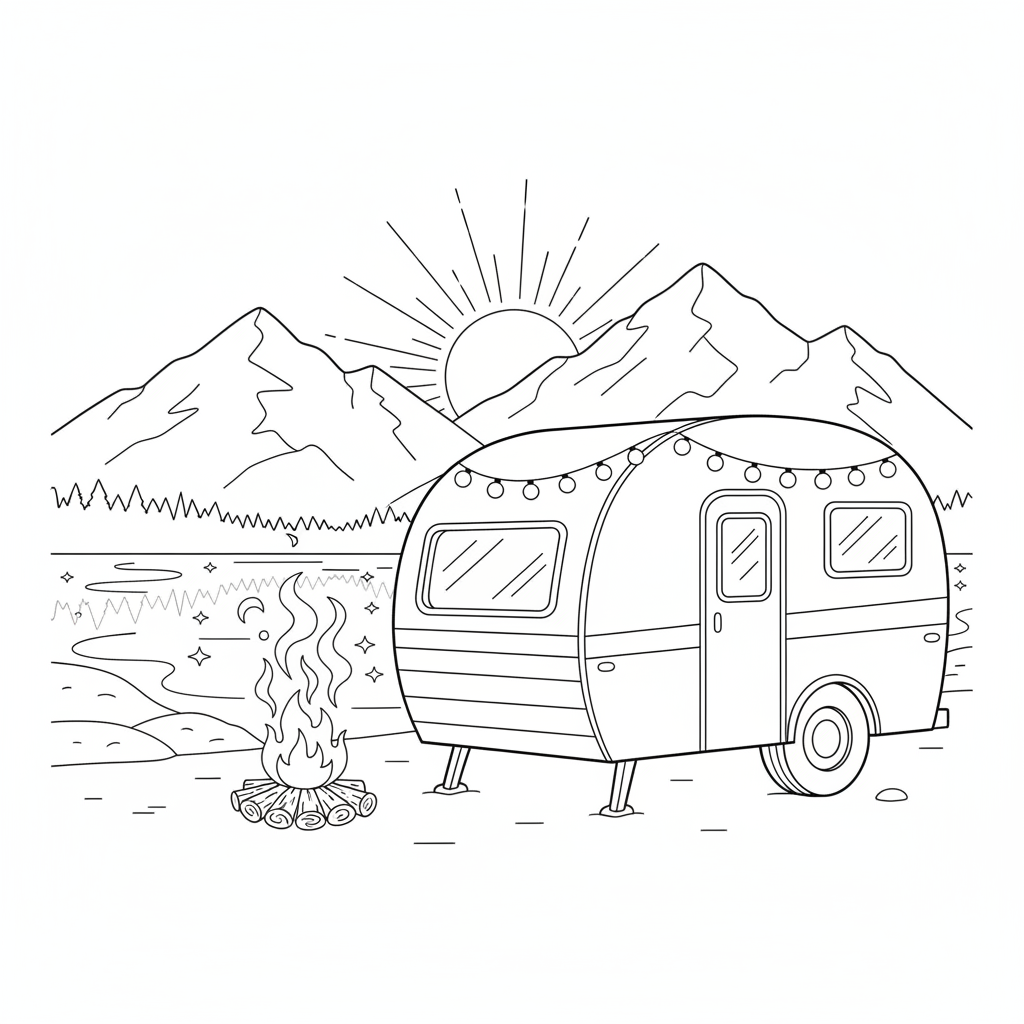 RV Camper Sunset — Free Coloring Page for Kids coloring page