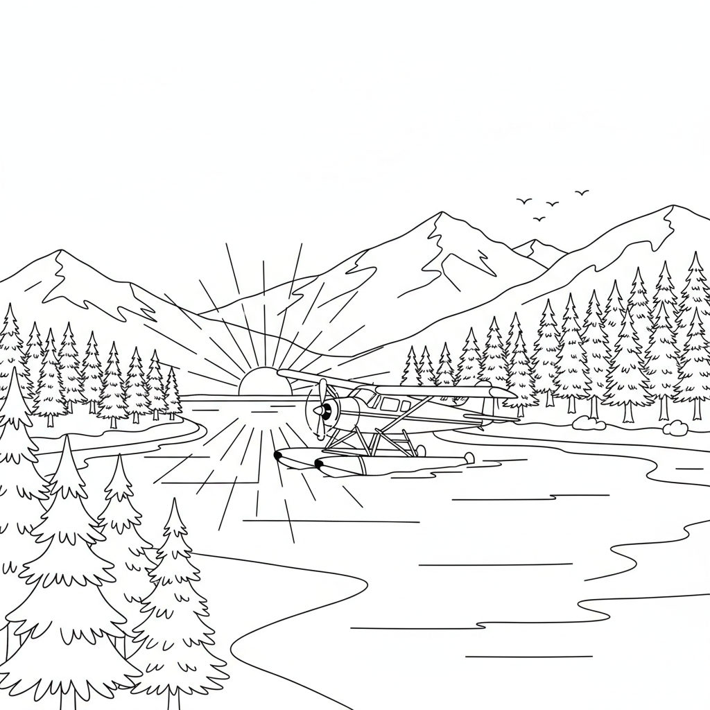 Seaplane Lake Adventure — Free Coloring Page for Kids coloring page