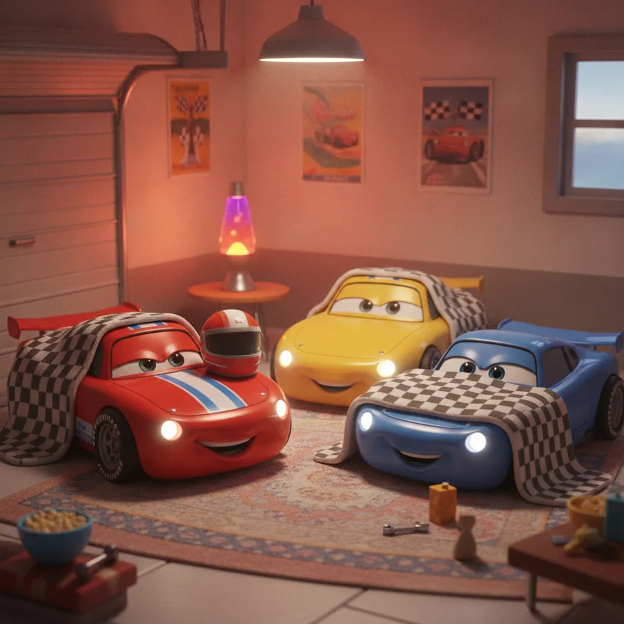 Dieses Ausmalbild zeigt drei Cartoon-Autos mit lustigen Details. Die einfachen Bereiche sind die Autos und die Garage, während die Poster eine spaßige Herausforderung bieten.