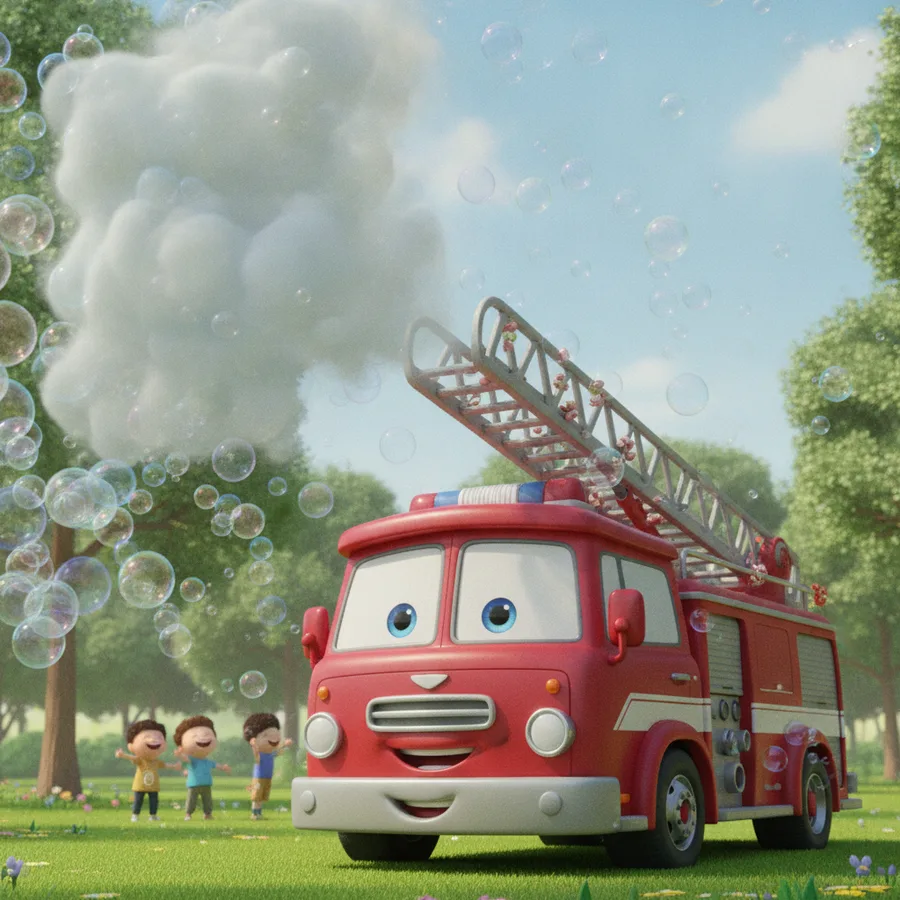 This delightful coloring page features a cheerful fire truck amidst playful bubbles and kids in a park. The large areas of grass are easy to color, while the bubbles provide a fun challenge.