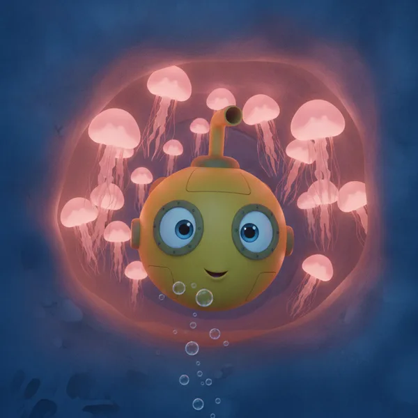 Cheerful Yellow Submarine Surrounded by Jellyfish — Free Coloring Page for Kids