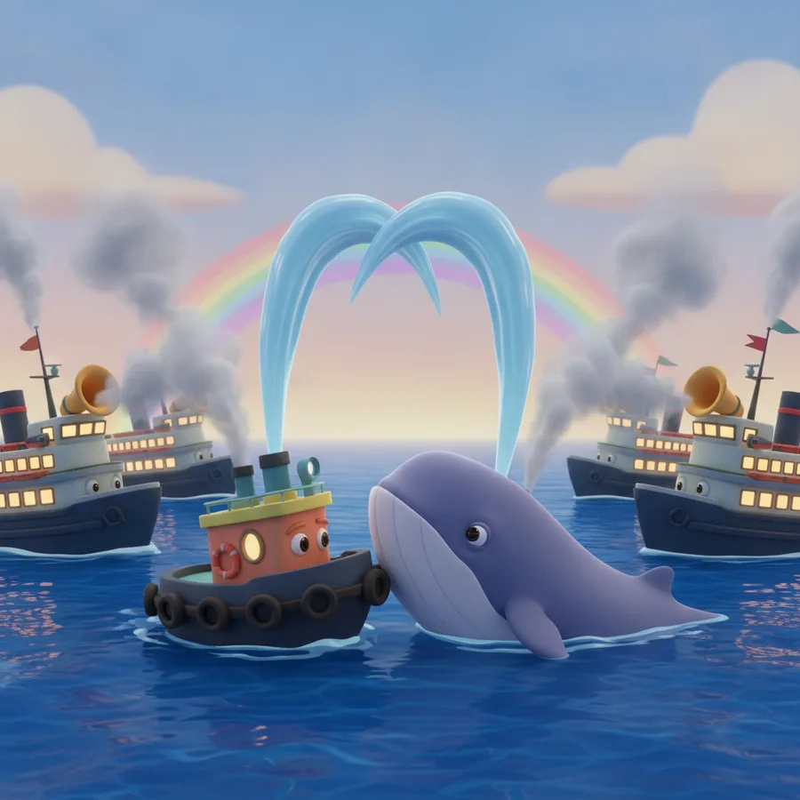 Esta página colorida para colorir apresenta um rebocador alegre e uma baleia amigável em uma cena oceânica. As grandes áreas de água são fáceis de colorir, enquanto os detalhes dos barcos a vapor e do arco-íris oferecem um desafio divertido.