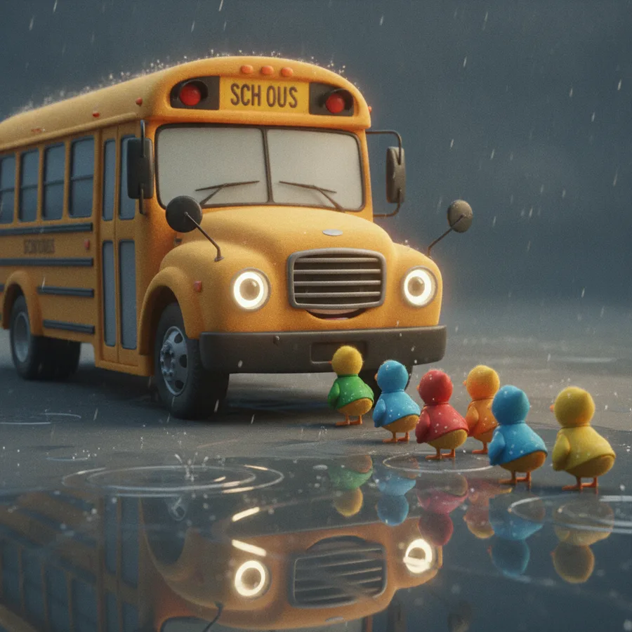 This coloring page features a cheerful school bus and a line of colorful ducklings. The bus has large areas that are easy to color, while the ducklings offer a fun challenge with their vibrant hues.