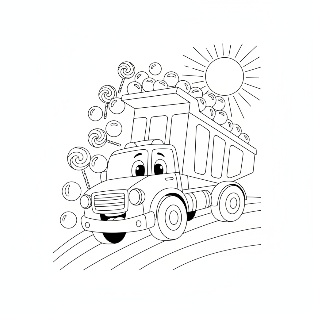 Camión de Dulces Alegre en un Campo Verde — Dibujos de Camiones para Colorear — Gratis para Imprimir
