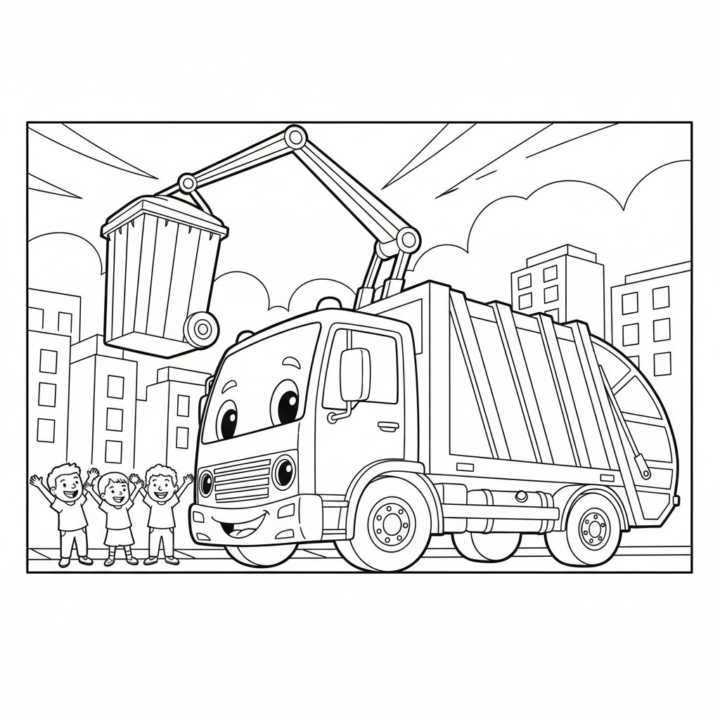 Cheerful Garbage Truck Adventure — Free Coloring Page for Kids coloring page