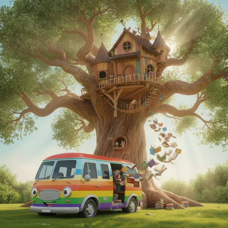 Esta página para colorir apresenta uma casa na árvore encantada e um caminhão de livros divertido. A van é fácil de colorir, enquanto a casa na árvore oferece um desafio interessante.