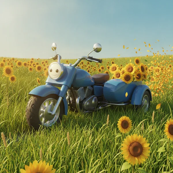 Vibrant Sunflower Field with a Smiling Motorcycle — Free Coloring Page for Kids